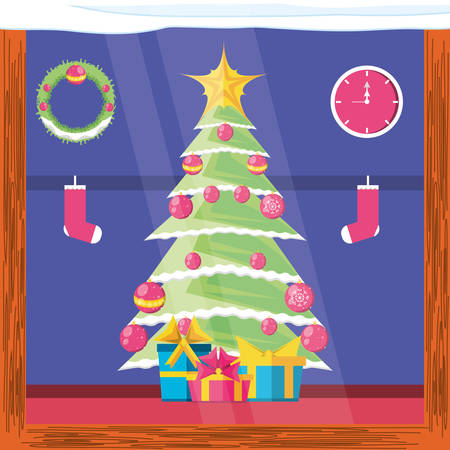 pine tree with icons merry christmas vector illustration designのイラスト素材
