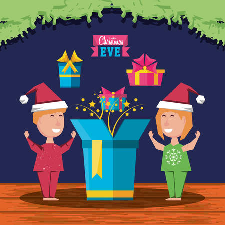 couple kids celebrating christmas in the house vector illustration designのイラスト素材