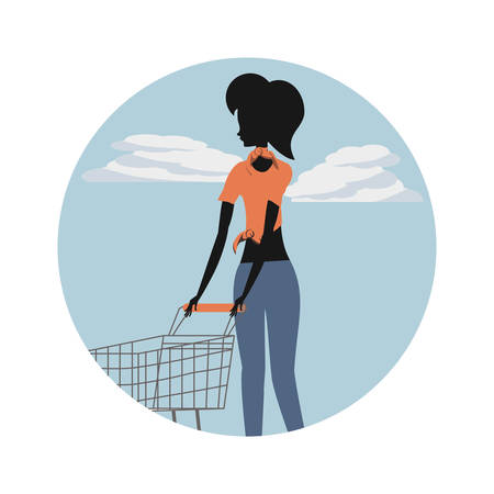 woman silhouette retro style with shopping cart vector illustration designのイラスト素材