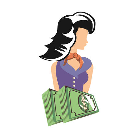beautiful woman with bills dollars retro style vector illustration designのイラスト素材