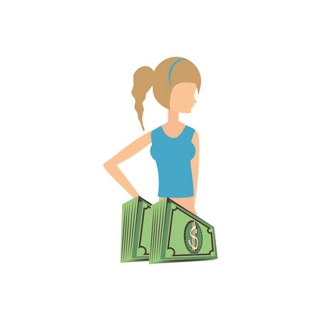 beautiful woman with bills dollars retro style vector illustration designのイラスト素材