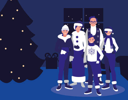 group of family with clothes christmas in house vector illustration designのイラスト素材