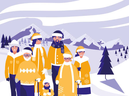 group of family with clothes christmas in winter landscape vector illustration designのイラスト素材