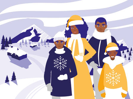 family black with clothes christmas in winter landscape vector illustration designのイラスト素材