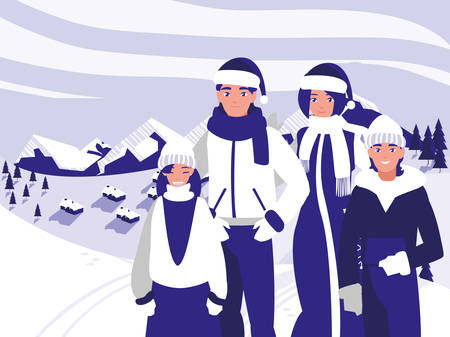 group of family with clothes christmas in winter landscape vector illustration designのイラスト素材