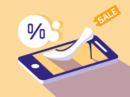 shopping online with smartphone and heel shoe of female vector illustration designのイラスト素材