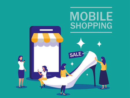 mini people with smartphone and shopping online vector illustration designのイラスト素材