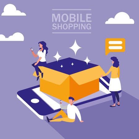 mini people with smartphone and shopping online vector illustration designのイラスト素材