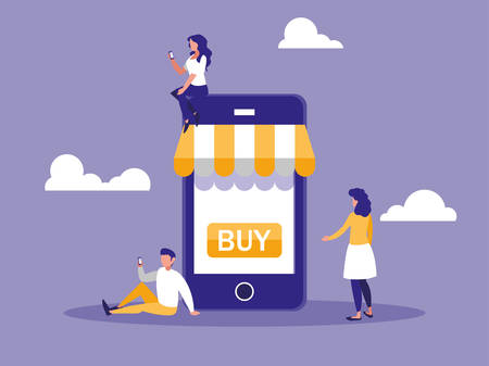 shopping online with smartphone and mini people vector illustration designのイラスト素材