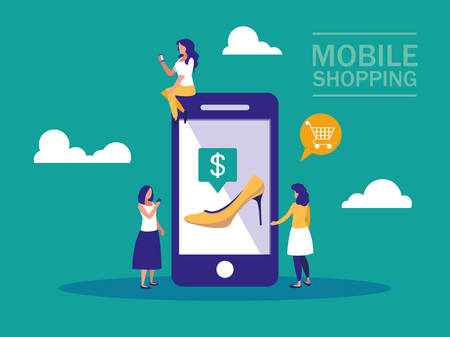 shopping online with smartphone and mini people vector illustration designのイラスト素材