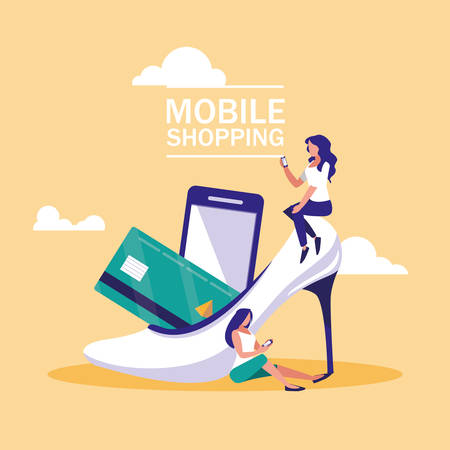 mini people with smartphone and shopping online vector illustration designのイラスト素材