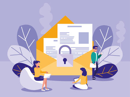 people with envelope mail and padlock vector illustration designのイラスト素材