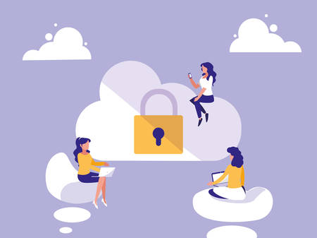women with cloud computing and padlock vector illustration designのイラスト素材