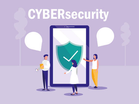 people with tablet device and shield vector illustration designのイラスト素材
