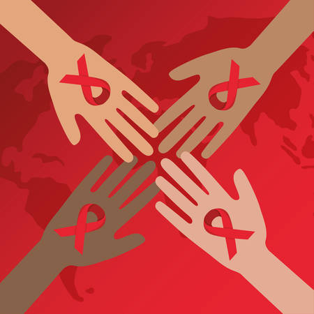 world aids day with hands and ribbon vector illustration designのイラスト素材