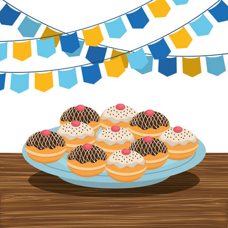 dish with hanukkah donuts and garlands vector illustration designのイラスト素材