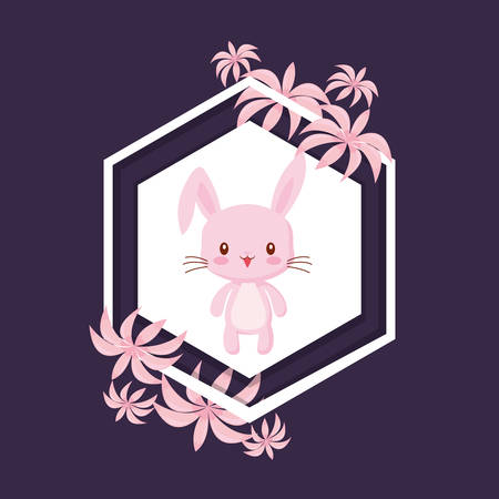 decorative frame with tropical leaves and cute rabbit icon over purple background, vector illustrationのイラスト素材