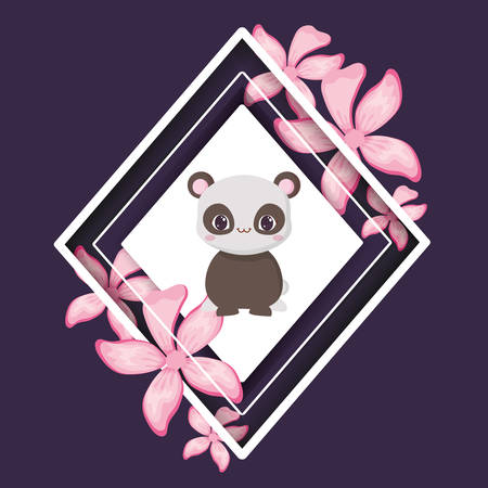decorative frame with tropical leaves and cute panda bear icon over purple background, vector illustrationのイラスト素材