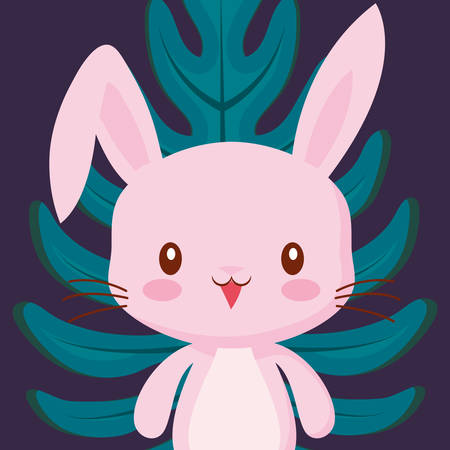 cute rabbit icon and tropical leaf over blue background, colorful design, vector illustrationのイラスト素材
