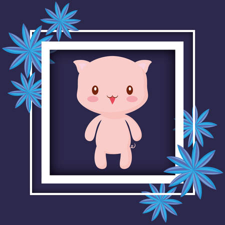 decorative frame with tropical leaves and cute pig icon over purple background, vector illustrationのイラスト素材