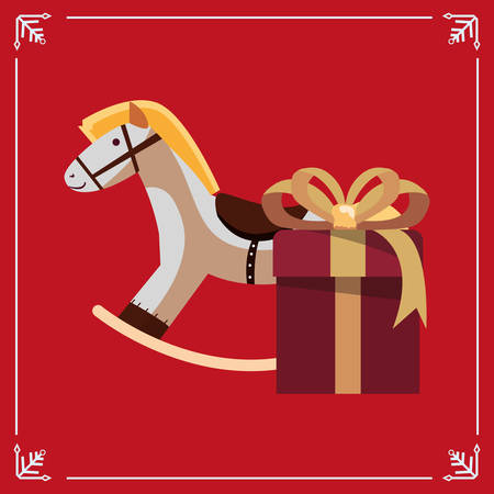 christmas rocking horse gift box red background vector illustrationのイラスト素材
