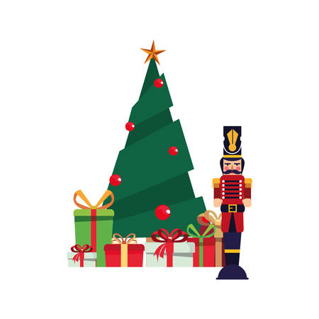 christmas tree nutcracker and gifts decoration vector illustrationのイラスト素材