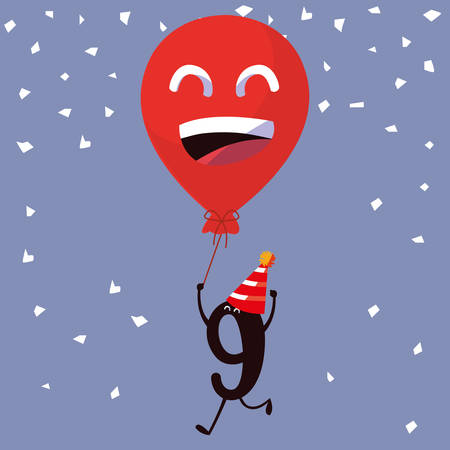 cartoon number nine holding a happy balloon over purple background, vector illustrationのイラスト素材