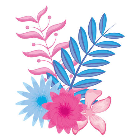 tropical leaves and flowers over white background, colorful design, vector illustrationのイラスト素材