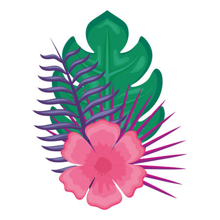 tropical leaves and flower over white background, colorful design. vector illustrationのイラスト素材