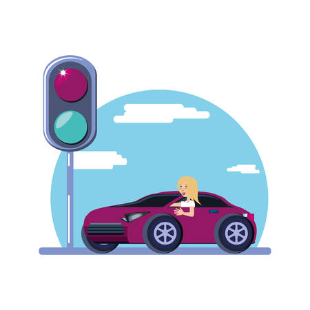 woman driving cart with traffic light vector illustration designのイラスト素材