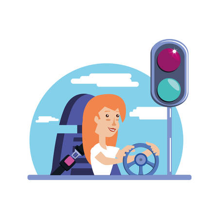 woman driving cart with traffic light vector illustration designのイラスト素材