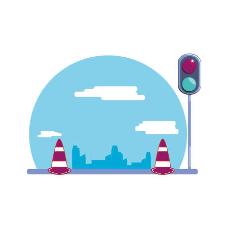 cones on the road scene with traffic light vector illustration designのイラスト素材