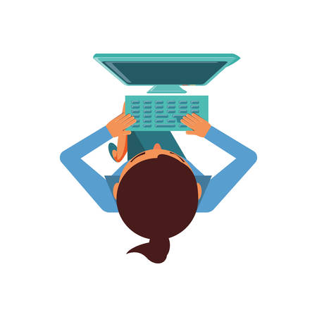 view aerial of woman with desktop computer vector illustration designのイラスト素材
