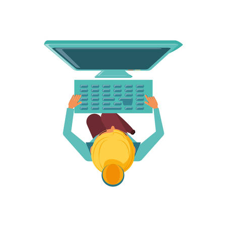 view aerial of woman with desktop computer vector illustration designのイラスト素材
