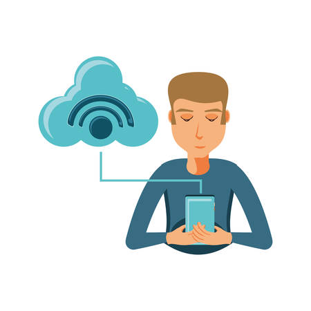 man with smartphone and cloud computing vector illustration designのイラスト素材