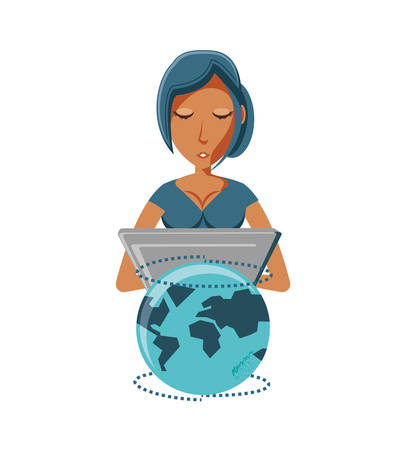 woman with laptop and planet earth vector illustration designのイラスト素材