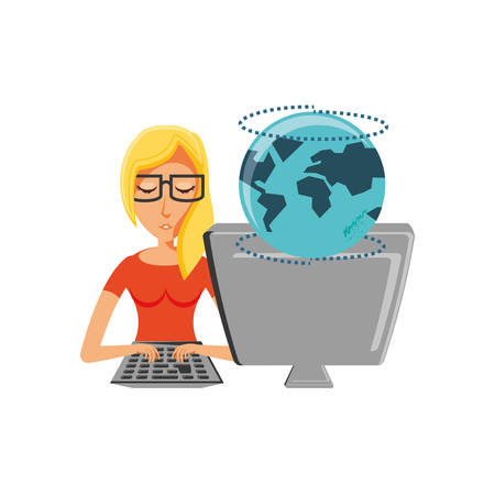 woman with desktop computer and planet earth vector illustration designのイラスト素材