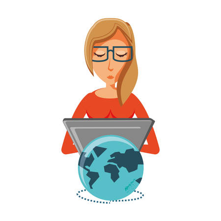 woman with laptop and planet earth vector illustration designのイラスト素材