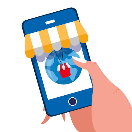 hand holding cellphone world online shopping vector illustrationのイラスト素材