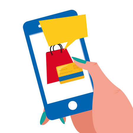 hand holding cellphone credit card online shopping vector illustrationのイラスト素材