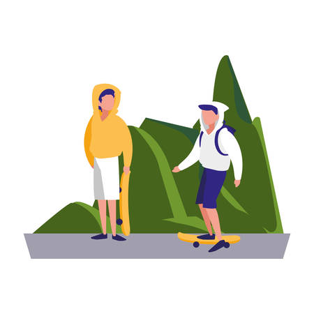 two men practicing skateboarding in the landscape vector illustrationのイラスト素材