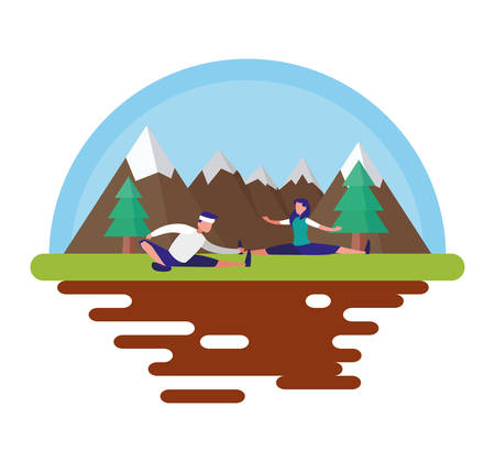 couple making exercises in the landscape vector illustrationのイラスト素材