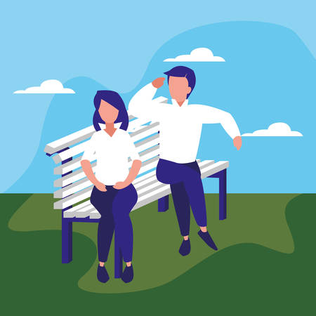 couple sitting on bench natural outdoor vector illustrationのイラスト素材
