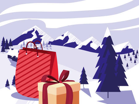 christmas gift box bag and tree winter landscape vector illustrationのイラスト素材