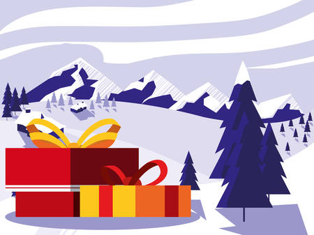christmas gift boxes and tree winter landscape vector illustrationのイラスト素材