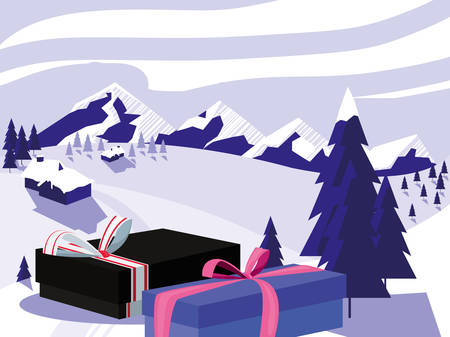 christmas gift boxes and tree winter landscape vector illustrationのイラスト素材