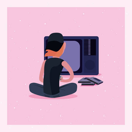 boy sitting playing video game vector illustrationのイラスト素材