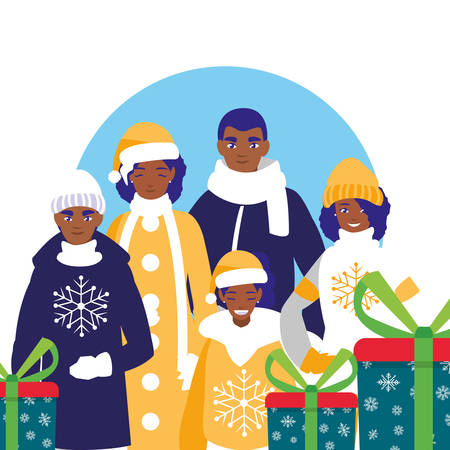 family with winter clothes and christmas gift box vector illustrationのイラスト素材