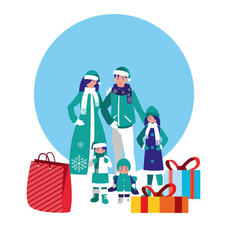 family with winter clothes and christmas gift box vector illustrationのイラスト素材