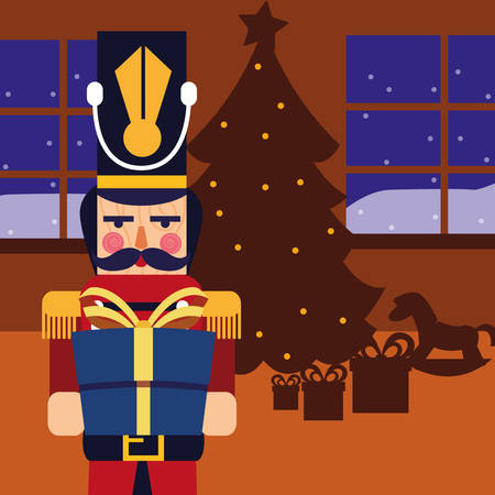 christmas nutcracker holding gift box with tree vector illustrationのイラスト素材